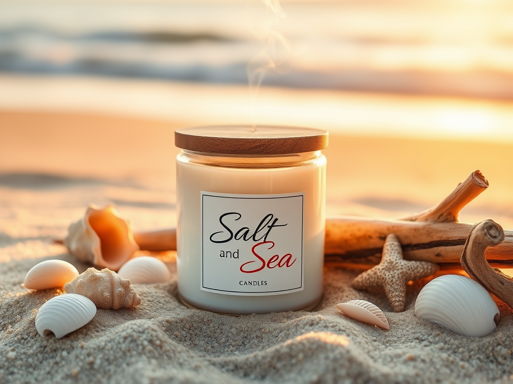 Create a realistic image of a white glass candle jar with a wooden lid on a beach sand, surrounded by seashells and driftwood. The candle's label reads "Salt and Sea" in an elegant script. Soft ocean waves and a sunset sky are visible in the background. A gentle wisp of smoke rises from the lit candle, suggesting a fresh, salty scent. The scene is bathed in warm, golden light, creating a cozy and inviting atmosphere.