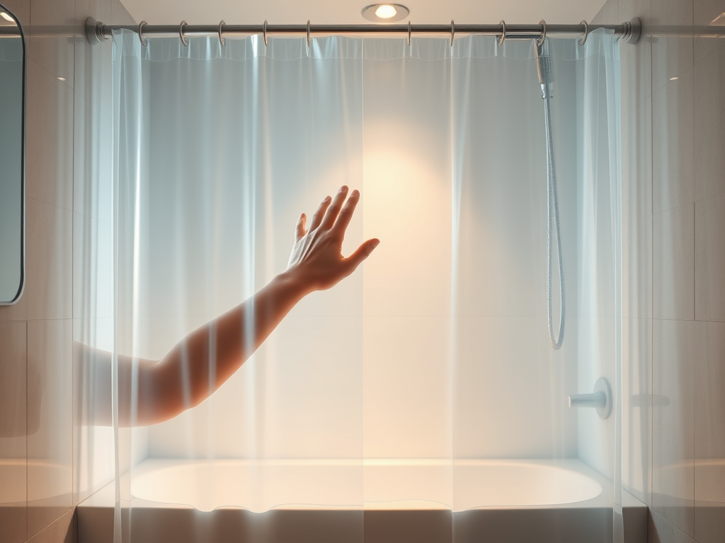 Create a realistic image of a modern bathroom with a futuristic-looking shower curtain featuring advanced filtration technology, visible through a semi-transparent design. A hand reaching to touch the curtain, symbolizing interaction with the new technology. Soft, warm lighting emphasizes the curtain's innovative appearance.