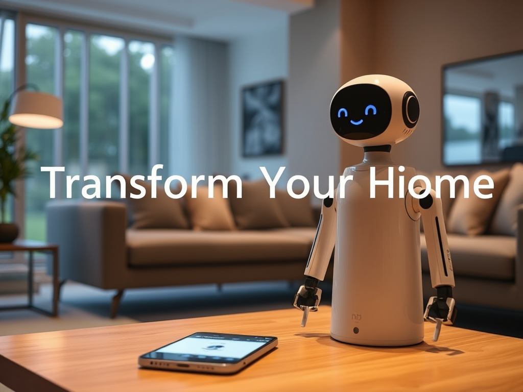 Create a realistic image of Amazon's Astro robot in a modern living room, with the robot's screen displaying a friendly face. The robot is interacting with smart home devices, a security camera in the background, and a smartphone on a coffee table showing a remote monitoring app. Include the text "Transform Your Home" in a subtle overlay.