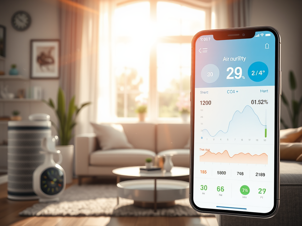 Create a realistic image of a smart home living room with various air quality monitoring devices displayed prominently, including an air purifier, CO2 monitor, and smart thermostat. A smartphone screen in the foreground shows shocking air quality statistics and graphs. Sunlight streams through a window, highlighting dust particles in the air.