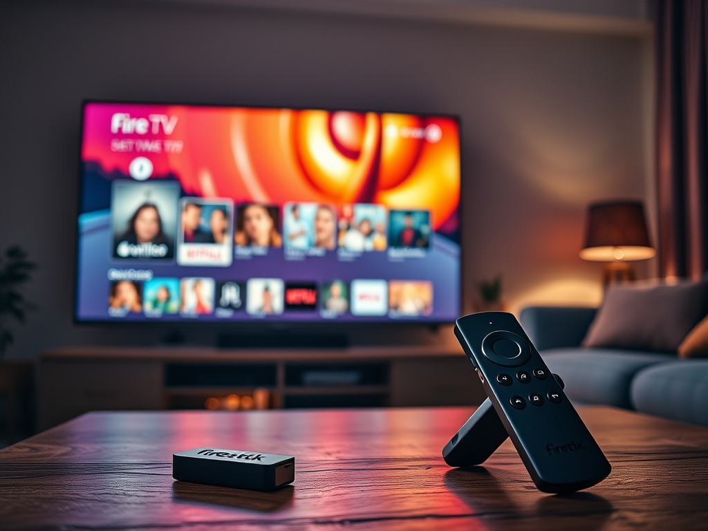 Create a realistic image of a living room with a large TV screen displaying a vibrant streaming interface, a Fire TV Stick prominently visible next to the TV, and a handheld remote control on a coffee table in the foreground. The room is dimly lit with warm, ambient lighting, creating a cozy atmosphere for movie night.