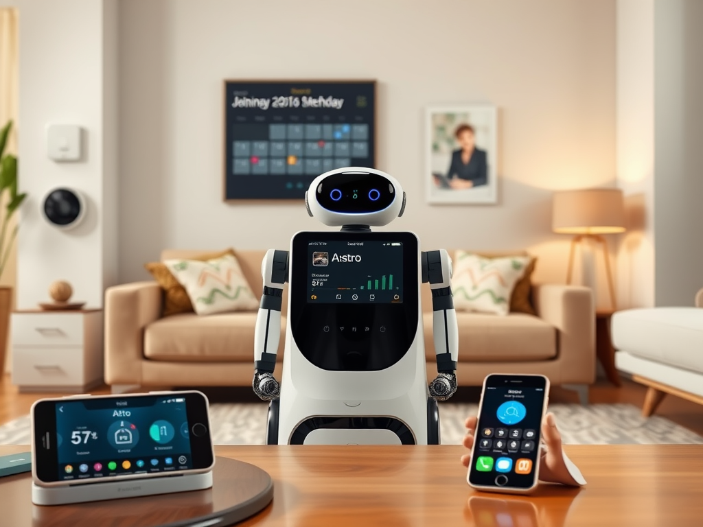 Create a realistic image of an Amazon Astro robot in a modern living room, interacting with various smart home devices. The robot is positioned centrally, with its screen displaying a friendly interface. In the background, a digital wall calendar shows completed tasks, while a smart thermostat and lighting controls are visible. A smartphone on a nearby table displays the Astro app, emphasizing remote control capabilities. The room has a warm, inviting ambiance with soft lighting, showcasing the seamless integration of technology into daily life.