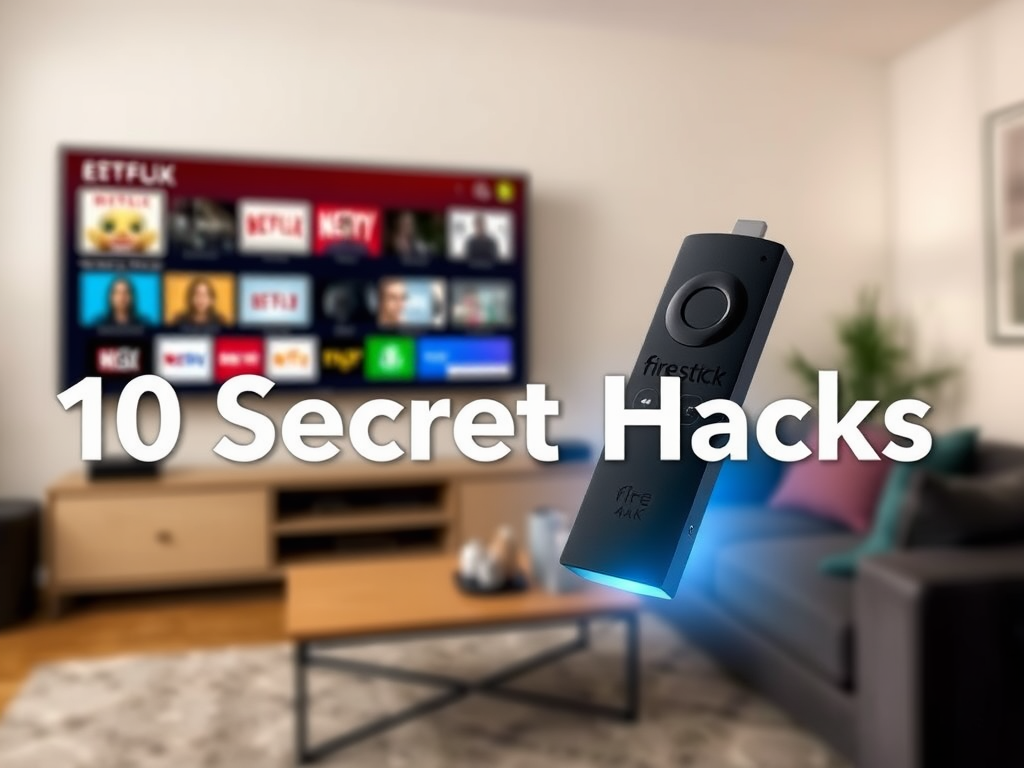 Create a realistic image of a Fire TV Stick 4K remote floating in the foreground against a blurred living room background, with a large flatscreen TV showing various streaming app icons. The remote should be emitting a soft blue glow, symbolizing its "magical" capabilities. Include the text "10 Secret Hacks" in a sleek, modern font floating above the remote.