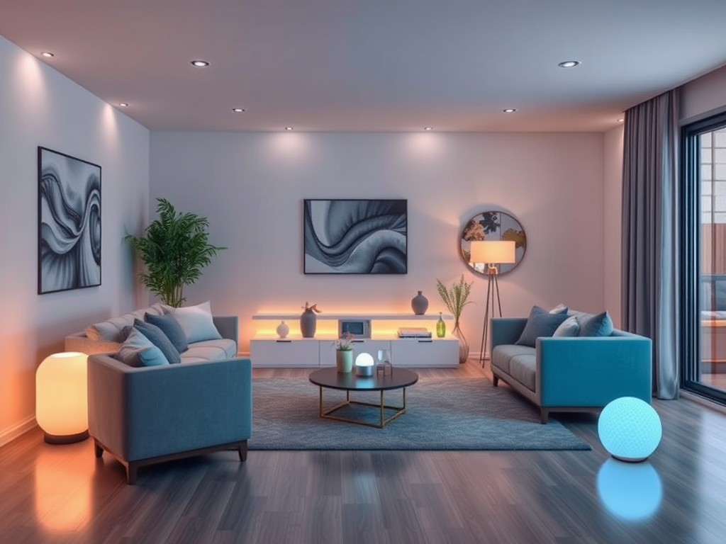 Create a realistic image of a cozy living room with warm, colorful ambient lighting from multiple Echo Glow devices placed around the room. Show a coffee table with a smartphone displaying the Echo Glow app, and include a text overlay that reads "Transform Your Home" in a modern, sleek font. and remove zuonbe text