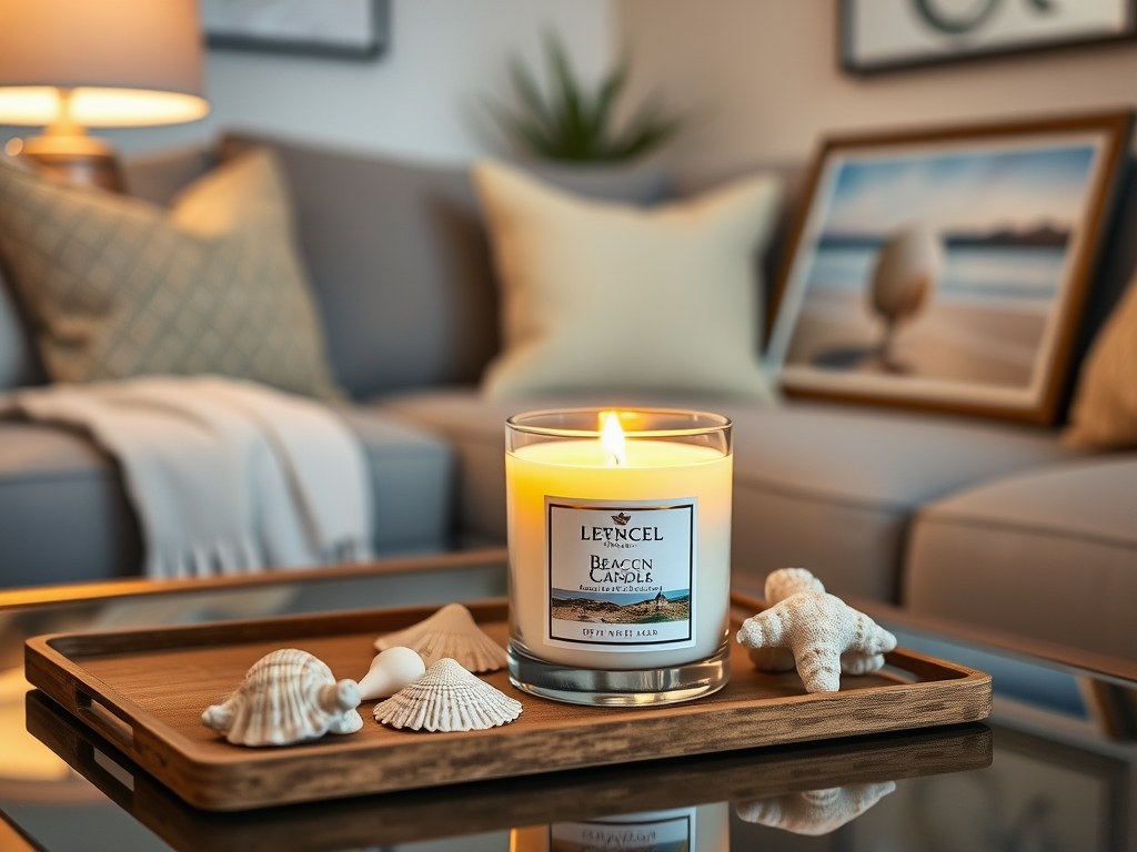 Create a realistic image of a cozy living room with a prominent beach-scented candle on a coffee table, its warm glow illuminating nearby seashells and a framed beach photograph, creating a relaxing ambiance that evokes the feeling of being at the beach.